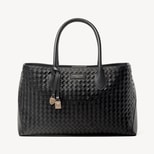 London Tote in Black Woven Leather with Engravable Charm from Aspinal of London