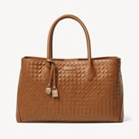 London Tote in Tan Woven Leather with Engravable Charm from Aspinal of London