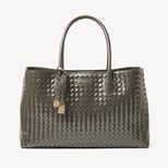 London Tote in Evergreen Woven Leather with Engravable Charm from Aspinal of London