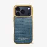 iPhone 17 Pro Case in Deep Shine Peacock Blue Small Croc from Aspinal of London