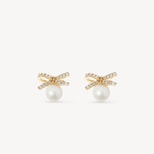 Diamond & Pearl Bow Stud Earrings in 14ct Gold from Aspinal of London