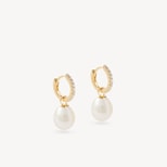 Diamond & Pearl Drop Huggie Earrings in 14ct Gold from Aspinal of London