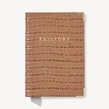 Passport Cover in Deep Shine Caramel Small Croc from Aspinal of London