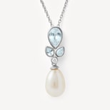 Floral Necklace with Aquamarine, Diamond & Pearl in 14ct White Gold from Aspinal of London