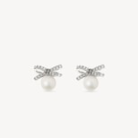 Diamond & Pearl Bow Stud Earrings in Diamond, Pearl & 14ct White Gold from Aspinal of London