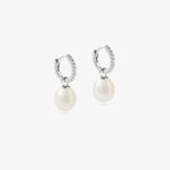 Diamond & Pearl Drop Huggie Earrings in Diamond, Pearl & 14ct White Gold from Aspinal of London