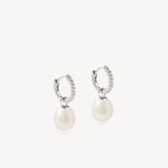 Diamond & Pearl Drop Huggie Earrings in Diamond, Pearl & 14ct White Gold from Aspinal of London