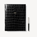 2027 A4 Day to Page Diary & Pen Set in Deep Shine Black Croc from Aspinal of London