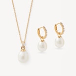 Diamond & Pearl Pendant & Huggie Set in Diamond, Pearl & 14ct Solid Gold from Aspinal of London