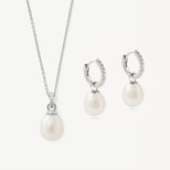 Diamond & Pearl Pendant & Huggie Set in Diamond, Pearl & 14ct White Gold from Aspinal of London