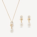 Floral Necklace & Earrings Set in Diamond, Pearl, White Sapphire & 14ct Solid Gold from Aspinal of London