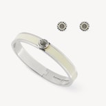 Enamel Studs & Bangle Set in Ivory Enamel, Labradorite & Palladium Silver Plate from Aspinal of London