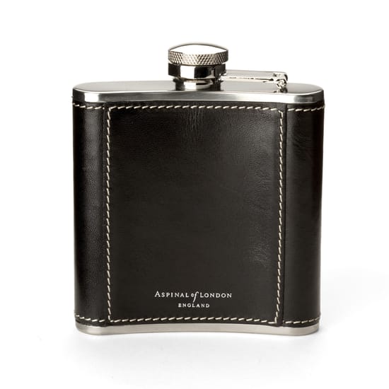 5oz Leather Hip Flask in Smooth Black | Aspinal of London