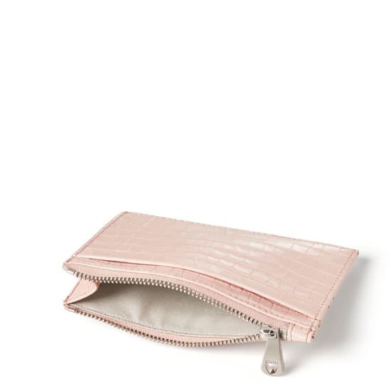 Double Sided Zipped Card & Coin Holder in Rose Pink Small Croc
