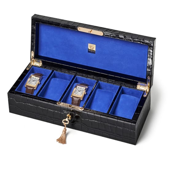 Black Croc & Cobalt Suede Five Watch Box | Aspinal of London