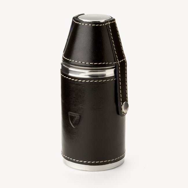 Smooth Black 6oz Leather Hunter Flask | Aspinal of London