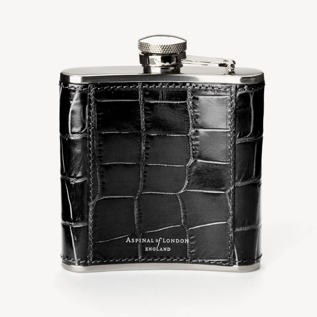5oz Leather Hip Flask in Black Croc | Aspinal of London