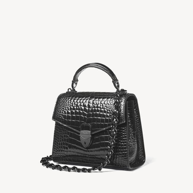 Top Handle Bag: Black Patent Croc Midi Mayfair® 2 Bag | Aspinal