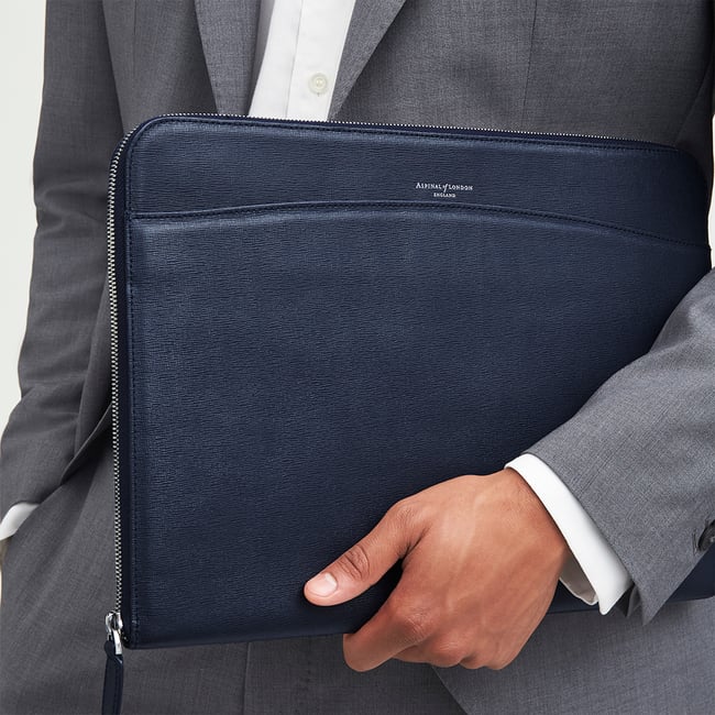 Navy Saffiano City Laptop Leather Folio Case | Aspinal of London
