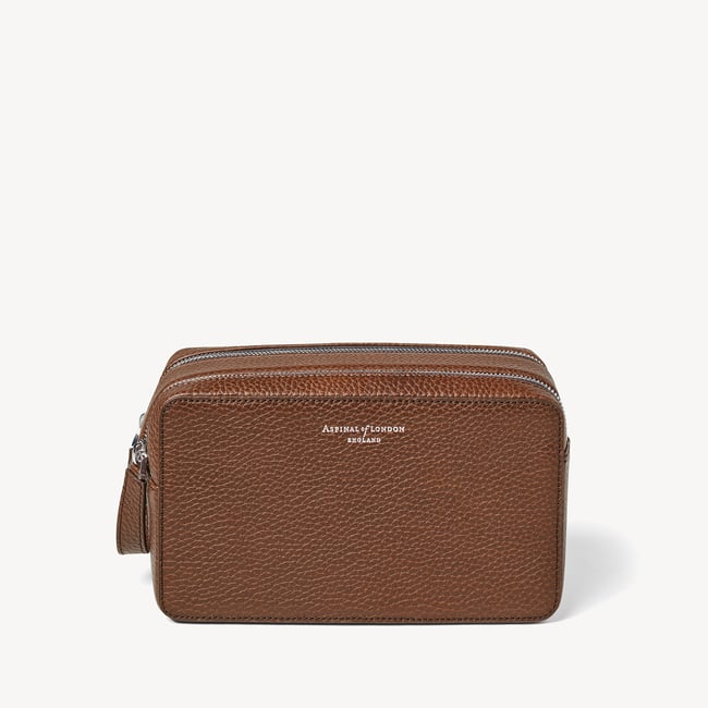 Double Zip Mount Street Wash Bag in Tobacco Pebble | Aspinal