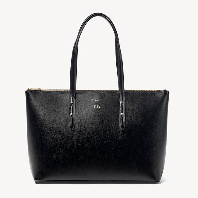 Zipped Regent Leather Tote Bag in Black Saffiano | Aspinal
