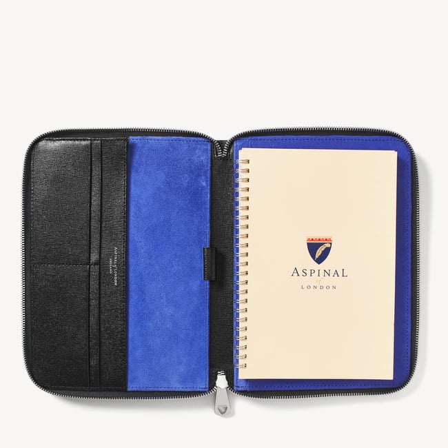 A5 Zipped Padfolio in Black Saffiano | Aspinal of London