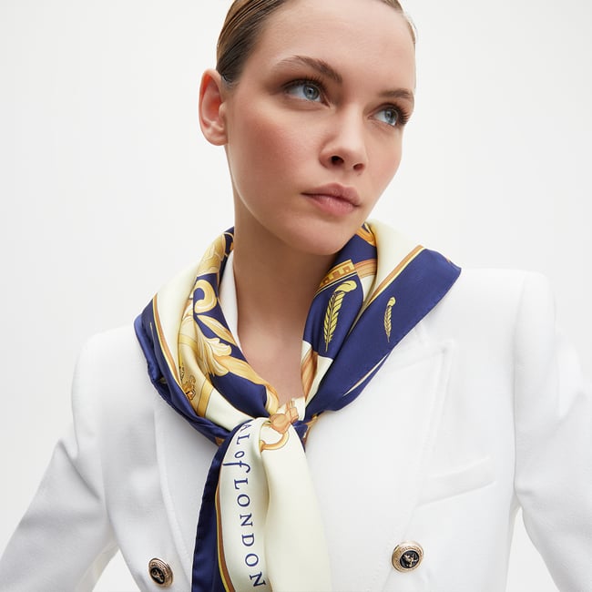 Aspinal Signature Shield Silk Scarf in Navy | Aspinal