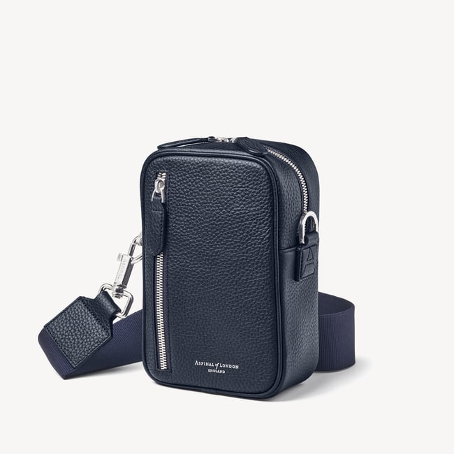 Navy Leather Reporter North South Bag | Aspinal of London