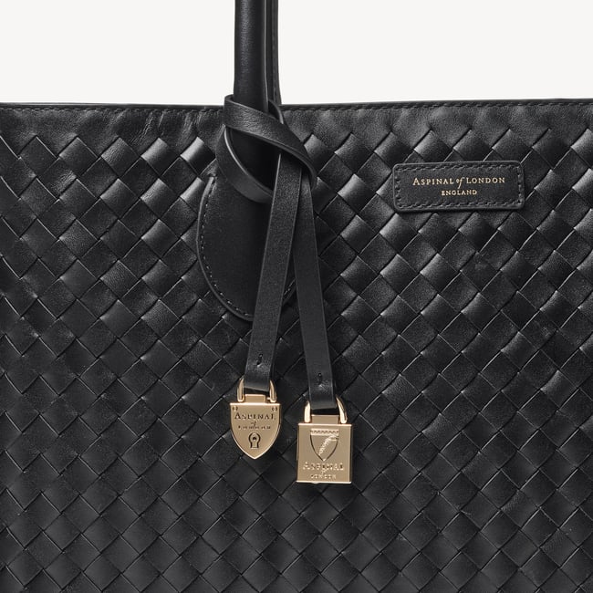 London Tote in Black Woven Leather with Charm | Aspinal of London