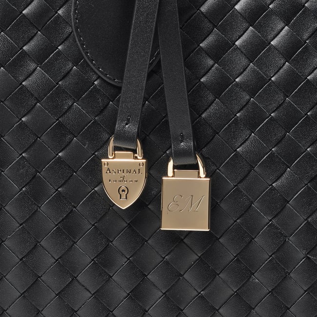 London Tote in Black Woven Leather with Charm | Aspinal of London