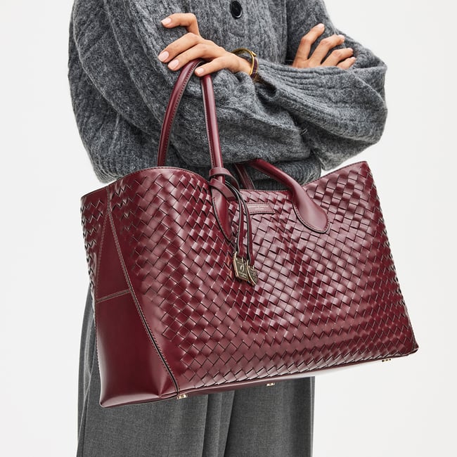 London Tote in Merlot Woven Leather with Charm | Aspinal