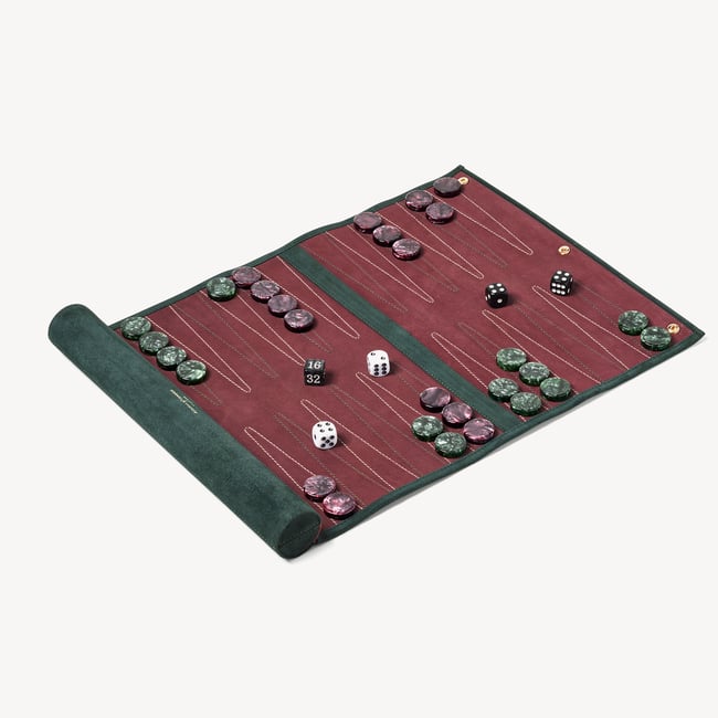 Alpine Green & Burgundy Suede Travel Backgammon Set | Aspinal