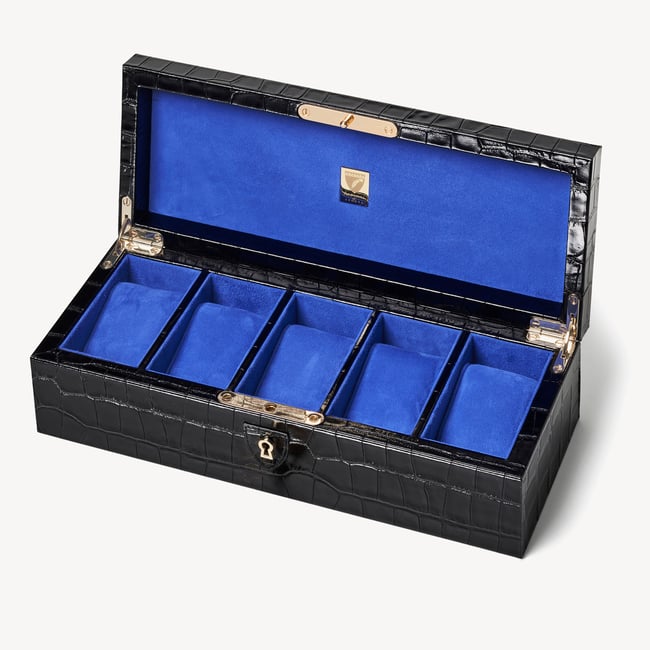 ショッピング王ルイ BOX1、2 Black Croc & Cobalt Suede Five Watch Box | Aspinal of London