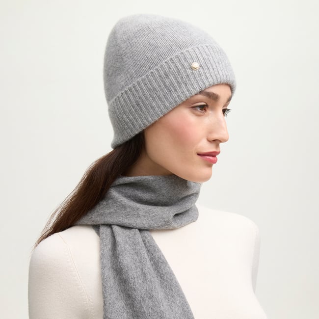 Cashmere Beanie Hat in Mid Grey Melange | Aspinal of London
