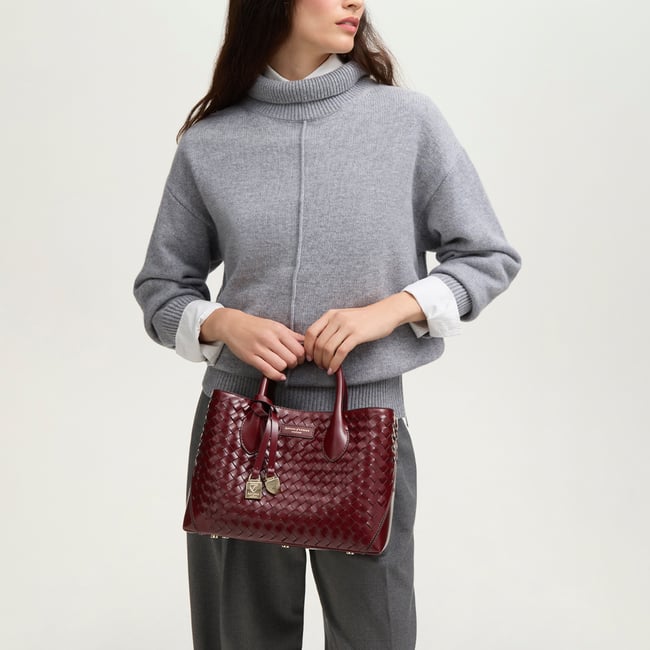 Midi London Tote in Merlot Woven Leather with Charm | Aspinal