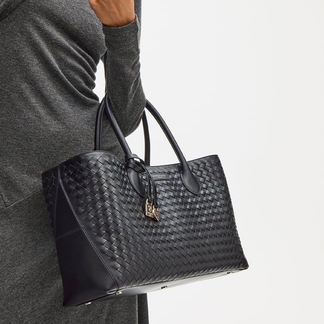 London Tote in Black Woven Leather with Charm | Aspinal of London