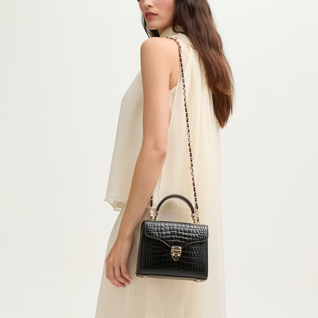 Black Patent Croc Midi Mayfair® Bag with Chain Strap | Aspinal