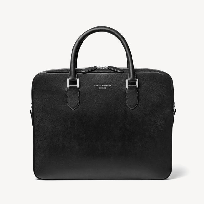 Slim Leather Briefcase in Black Saffiano | Aspinal of London