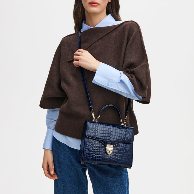 Top Handle Bag: Midnight Blue Patent Croc Mayfair® Bag | Aspinal