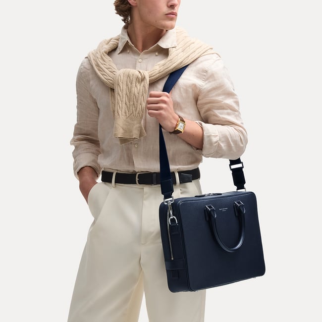 Mount Street Laptop Briefcase in Navy Pebble | Aspinal Mount Street Laptop Briefcase in Navy Pebble | Aspinal