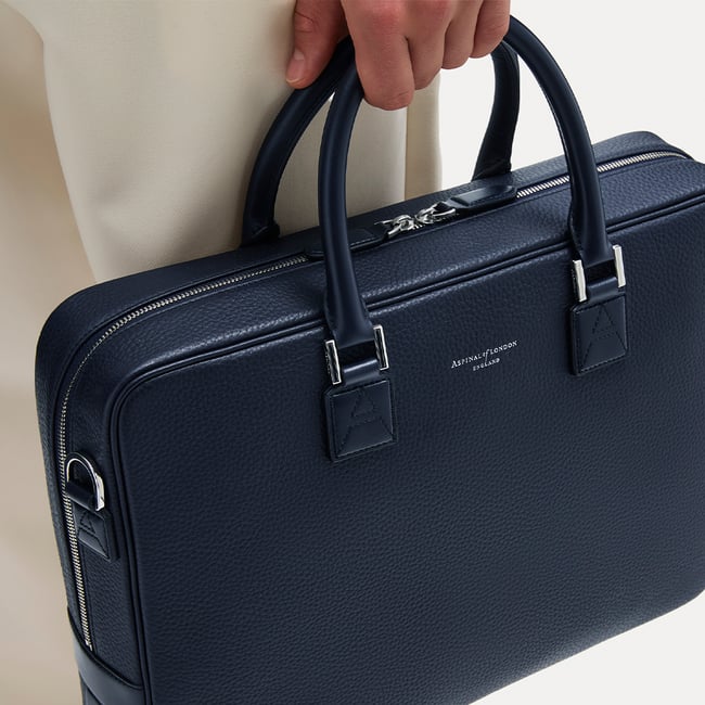 Mount Street Laptop Briefcase in Navy Pebble | Aspinal
