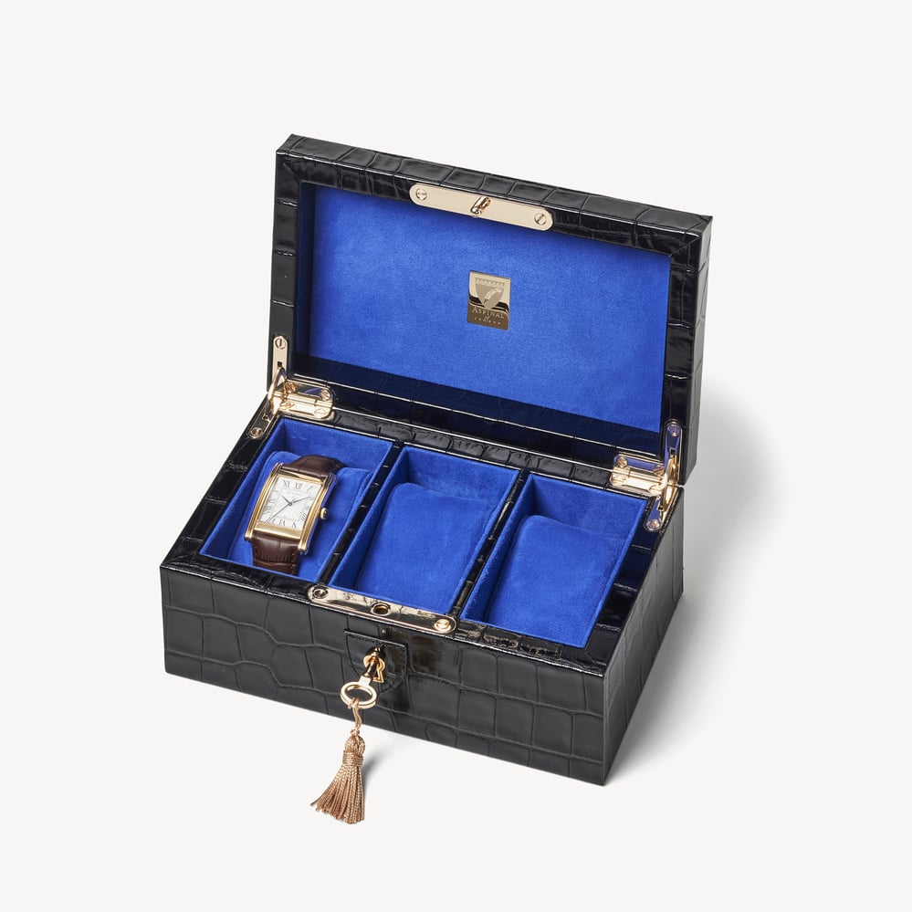 Square Four Watch Box in Black Croc | Aspinal of London