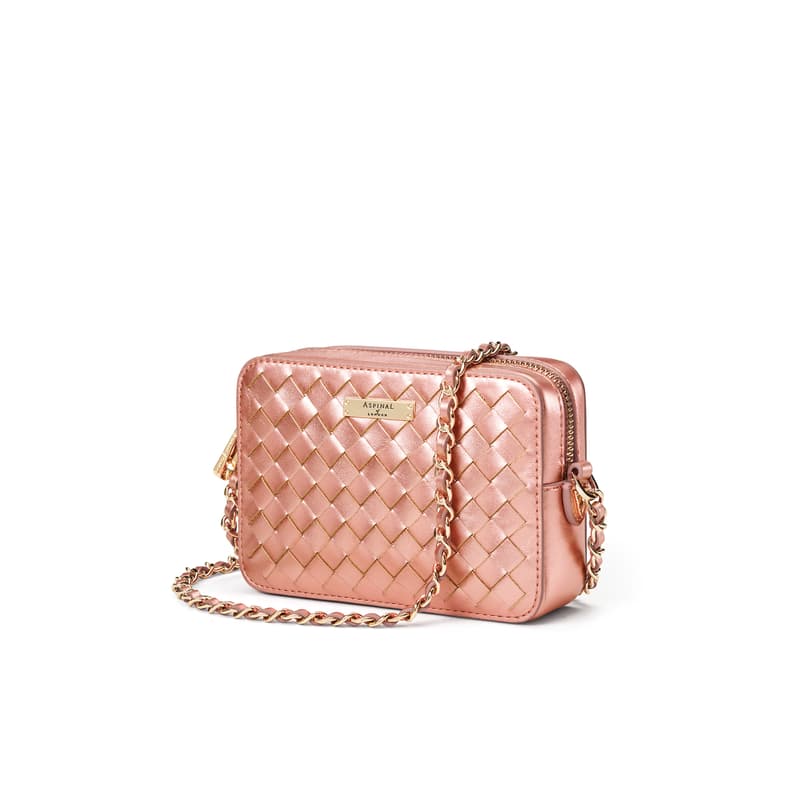 Aspinal of London Milly Crossbody Bag in Blush Pink Metallic Woven Leather