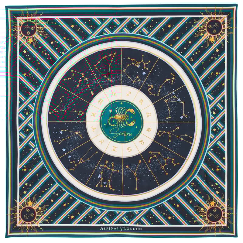 Aspinal Of London Scorpio Zodiac Silk Scarf In Blue
