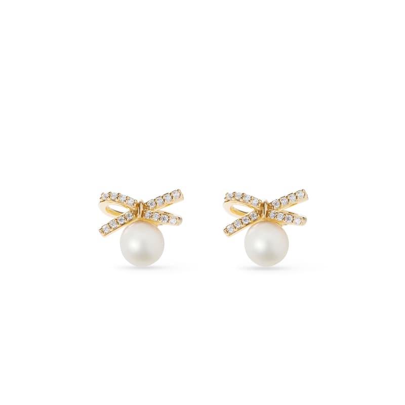 Aspinal Of London Diamond & Pearl Bow Stud Earrings In Gold