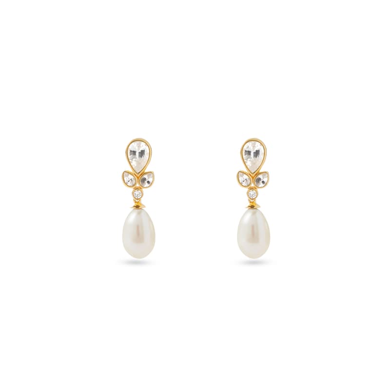 Aspinal Of London Floral Earrings With White Sapphire, Diamond & Pearl In Gold