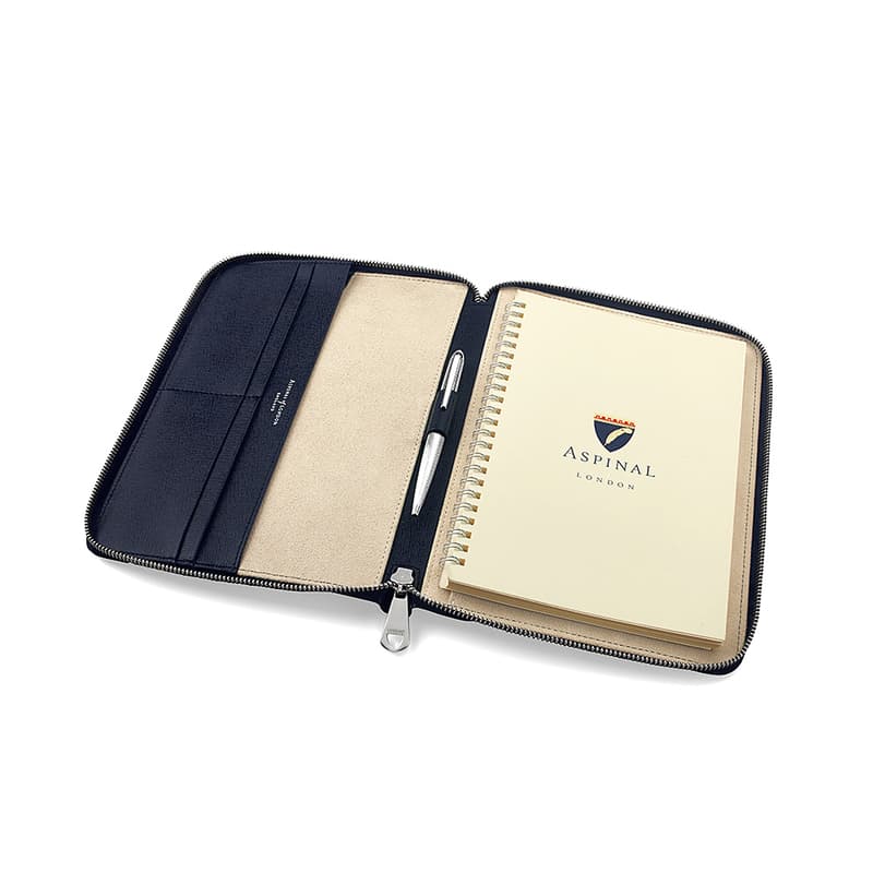 Aspinal of London A5 Zipped Padfolio in Navy Saffiano & Cream Suede