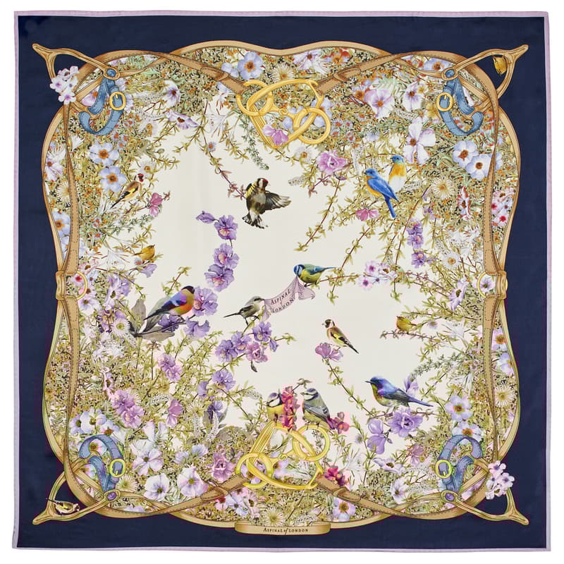 Aspinal of London Edwardian Garden Silk Scarf in Navy Pure Silk Twill