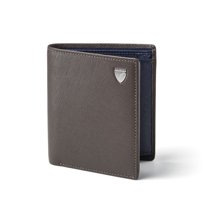 Aspinal of London ID & Coin RFID Wallet in Grey & Navy Saffiano