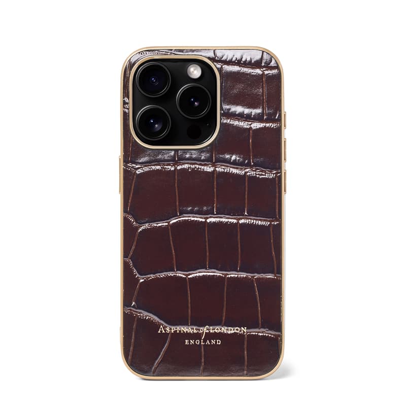 Aspinal of London iPhone 15 Pro Case in Deep Shine Amazon Brown Croc